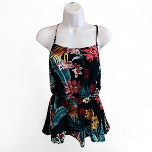 SHEIN Black, Red, Green, Orange & Yellow Tropical Print Peplum Style Tank Top